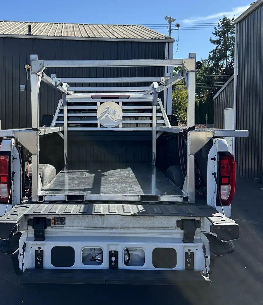 Aluminum ladder rack seen from behind the truck